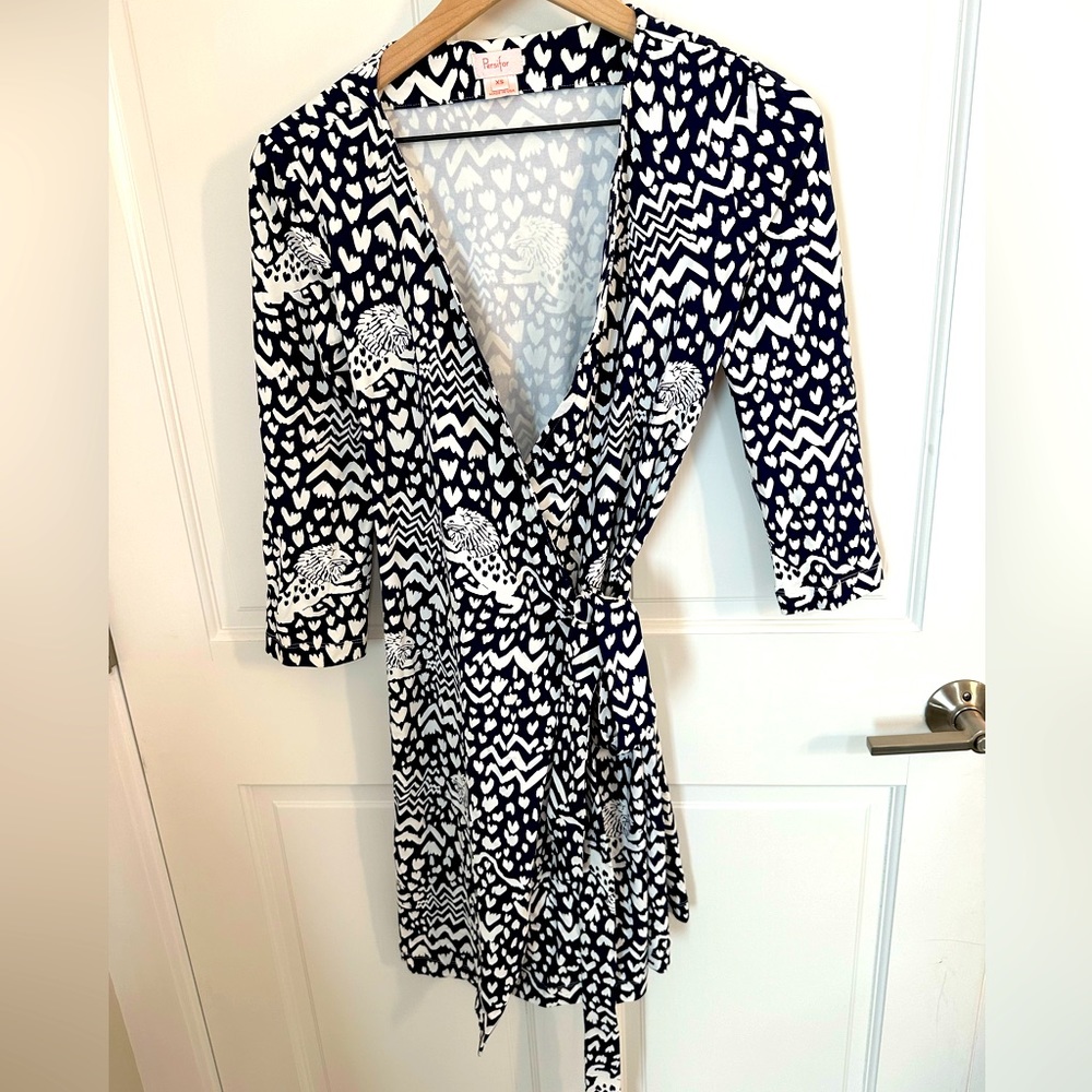 Persifor navy blue lion print wrap dress, XS